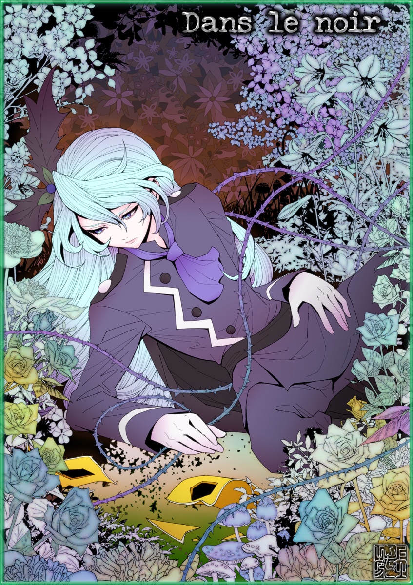 1boy apron ashes black_apron blue_flower blue_hair blue_rose chef cloak falling_leaves floral_background flower garden gloves hair_ornament highres julio_(precure) kamikita_futago kirakira_precure_a_la_mode leaf leaf_hair_ornament leaf_print long_hair long_sleeves lying maple_leaf maple_leaf_print mask mushroom necktie on_side parted_bangs precure rose solo solo_focus throne very_long_hair white_gloves