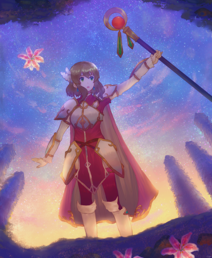 1girl blonde_hair boots female_focus fire_emblem fire_emblem:_genealogy_of_the_holy_war fire_emblem:_thracia_776 flower full_body green_eyes holding lijupy nanna_(fire_emblem) nintendo solo staff