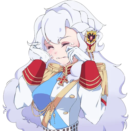 1girl aiguillette alpha_(alpha_1918) armband biting_own_lip blue_sash buttons closed_eyes collar cross cross_pendant crying epaulettes facing_away findoworld fluffy fluffy_hair gloves gold_buttons gold_trim hair_between_eyes hair_ornament lips long_hair military military_uniform original red_sleeve_cuffs red_wrist_cuffs rubbing_eyes russian_empire sad sash sleeve_cuffs solo sticker streaming_tears teardrop tears teeth transparent transparent_background upper_teeth_only very_long_hair white_gloves white_hair wiping_face wiping_tears wrist_cuffs