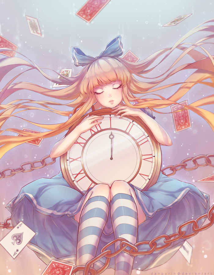 1girl ace_(playing_card) ace_of_spades alice_(alice_in_wonderland) alice_in_wonderland bare_arms blonde_hair blue_background blue_bow blue_dress blue_socks bow bubble card chain closed_eyes commentary danpurin deviantart_username dress english_commentary expressionless eyelashes feet_out_of_frame floating_card floating_hair gradient_background hair_bow holding holding_pocket_watch jack_(playing_card) jack_of_diamonds joker_(playing_card) kneehighs light_particles lips long_hair medium_dress orange_background oversized_object parted_lips pink_lips playing_card pocket_watch puffy_short_sleeves puffy_sleeves purple_background queen_(playing_card) queen_of_hearts_(playing_card) short_sleeves socks solo spade_(shape) striped_clothes striped_socks two-tone_socks very_long_hair watch white_socks