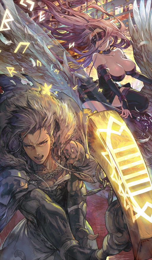 1boy 1girl armor bare_shoulders bellerophon_(fate) belt belt_collar black_dress black_shirt black_sleeves black_thighhighs blindfold blue_cloak breasts cleavage cloak collar collarbone commentary creature cu_chulainn_(caster)_(fate) cu_chulainn_(fate) curtained_hair detached_sleeves dress dynamic_pose earrings facial_mark fate/grand_order fate_(series) feathered_wings fingerless_gloves floating_hair forehead_mark fur-trimmed_hood fur_trim futhark fuyuki_(fate/grand_order) gloves glowing holding holding_staff hood horseback_riding jewelry kazama_raita large_breasts long_hair low_neckline magic medusa_(fate) medusa_(rider)_(fate) nameless_dagger_(fate) official_art open_mouth outdoors parted_lips pectoral_cleavage pectorals pegasus pink_belt pink_blindfold pink_hair red_eyes reverse_grip riding runes shirt short_dress shoulder_armor staff strapless strapless_dress teeth thighhighs third-party_source v-shaped_eyebrows wings