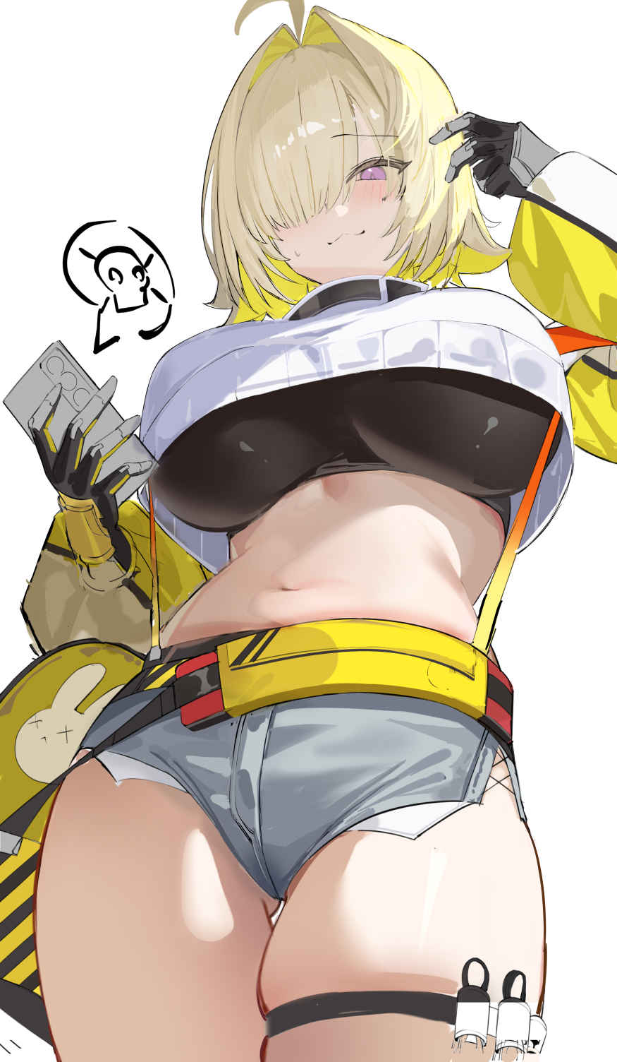 1girl :3 ahoge animal_print arm_up black_gloves black_shirt blonde_hair blush closed_mouth colored_inner_hair commentary cowboy_shot crop_top crop_top_overhang cropped_shirt elegg_(nikke) english_commentary exposed_pocket from_below gloves goddess_of_victory:_nikke grey_shorts hair_intakes hair_over_one_eye hand_in_own_hair highres holding holding_phone impossible_clothes impossible_shirt jewelry long_sleeves looking_at_viewer medium_hair multicolored_gloves multicolored_hair navel phone purple_eyes rabbit_print shirt short_shorts shorts simple_background skindentation smile solo spoken_skull standing stomach suspenders thighlet turtleneck turtleneck_shirt two-tone_shirt wh0_r_uo_o white_background white_gloves white_shirt yellow_bag yellow_gloves yellow_shirt