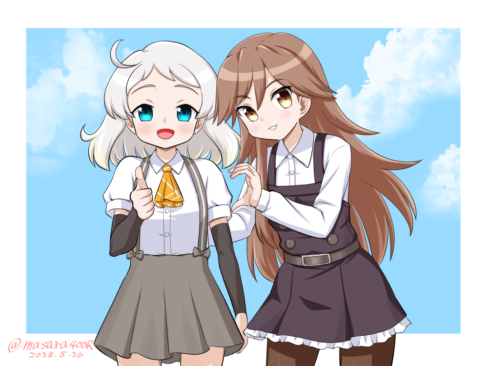 2girls ahoge arashio_(kancolle) arashio_kai_ni_(kancolle) arm_warmers ascot black_dress blue_eyes blue_sky brown_eyes brown_hair cloud collared_shirt dated dress dress_shirt frilled_dress frills grey_hair grey_skirt heart_hands_failure kantai_collection long_hair masara_(chuujou) multiple_girls natsugumo_(kancolle) one-hour_drawing_challenge orange_ascot pinafore_dress plaid_ascot plaid_clothes pleated_skirt shirt short_hair skirt sky sleeveless sleeveless_dress smile suspender_skirt suspenders thumbs_up twitter_username white_shirt