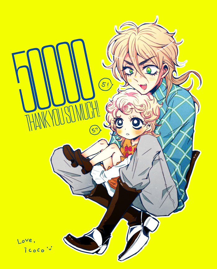 2boys blonde_hair boots child diego_brando dual_persona green_eyes icoico jojo_no_kimyou_na_bouken multiple_boys aged_up steel_ball_run