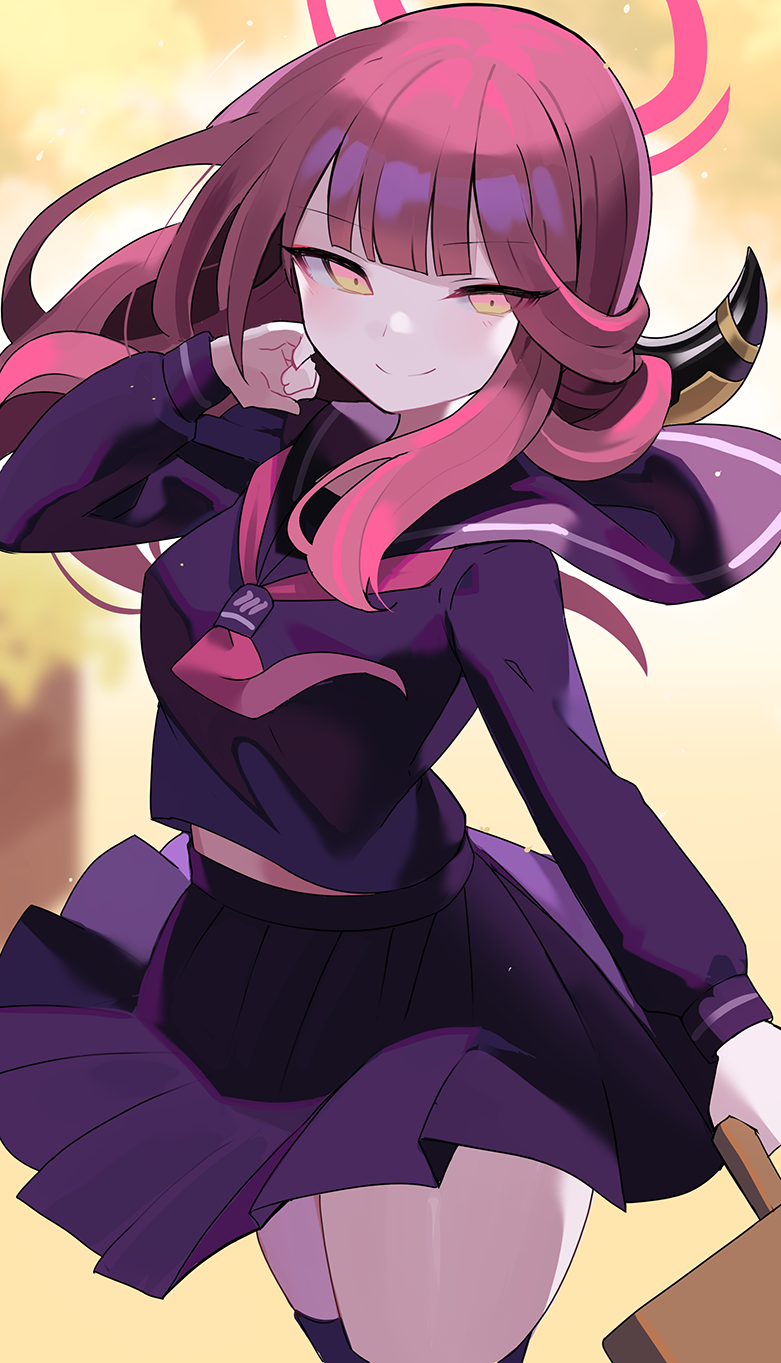 1girl alternate_costume aru_(blue_archive) black_horns black_serafuku black_skirt blue_archive falken_(yutozin) halo highres horns looking_at_viewer midriff neckerchief red_halo red_neckerchief school_uniform serafuku skirt solo