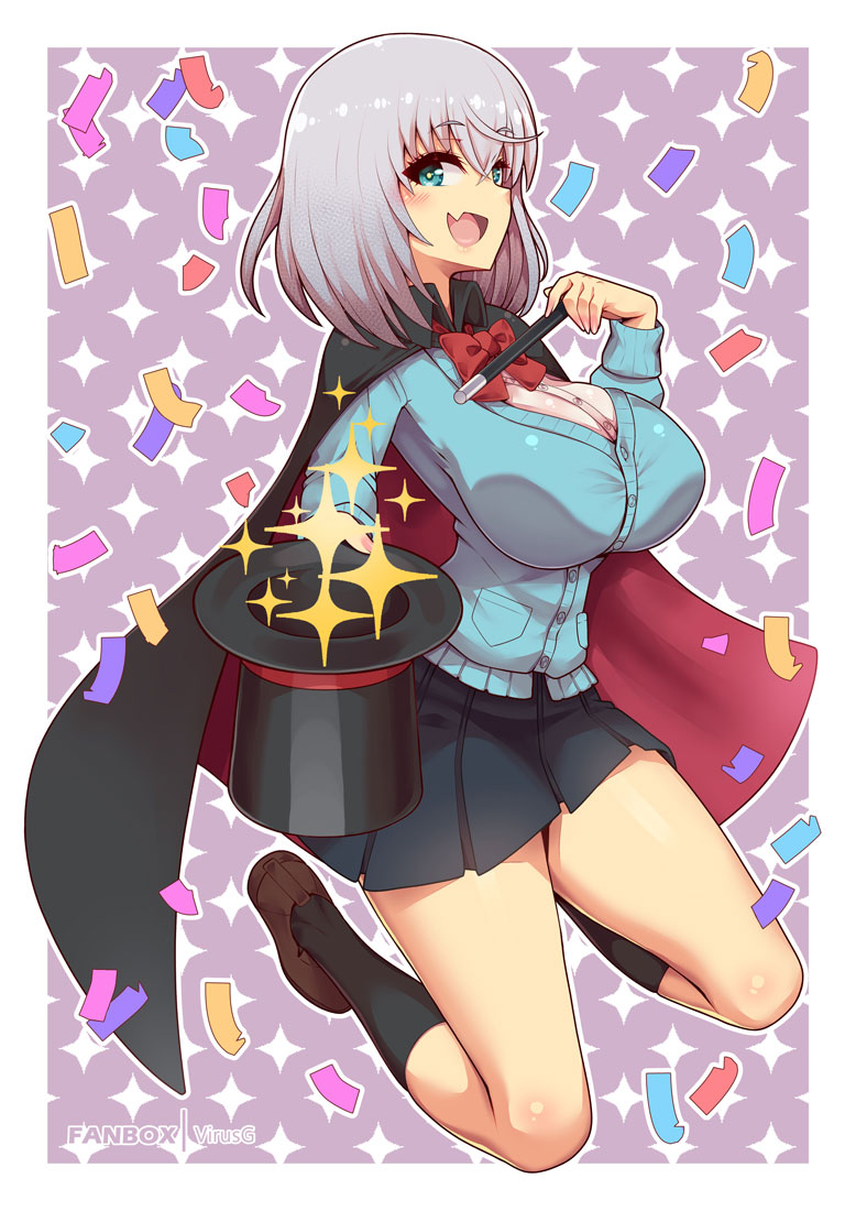 1girl aqua_eyes black_skirt black_socks blue_cardigan bow bowtie breasts brown_footwear cape cardigan commission confetti fang full_body grey_hair hat kneeling large_breasts looking_at_viewer magician medium_hair miniskirt open_mouth pleated_skirt reaching reaching_towards_viewer school_uniform skin_fang skindentation skirt smile socks solo taut_sweater tejina_senpai tejina_senpai_(series) top_hat two-sided_fabric virus-g wand yellow_pupils