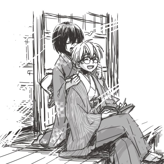 1boy 1girl architecture bespectacled blush bob_cut book checkered_clothes checkered_kimono cheek_pinching closed_eyes commentary crossed_legs east_asian_architecture embarrassed glasses greyscale hakama haori happy holding holding_book ichinomiya_kantarou japanese_clothes kimono kneeling kosode monochrome open_book pinching reading short_hair shouji sitting sketch slice_of_life sliding_doors smile striped_haori tabi tactics talking teeth upper_teeth_only veranda youko_(tactics) yuki_(hello_idiot)