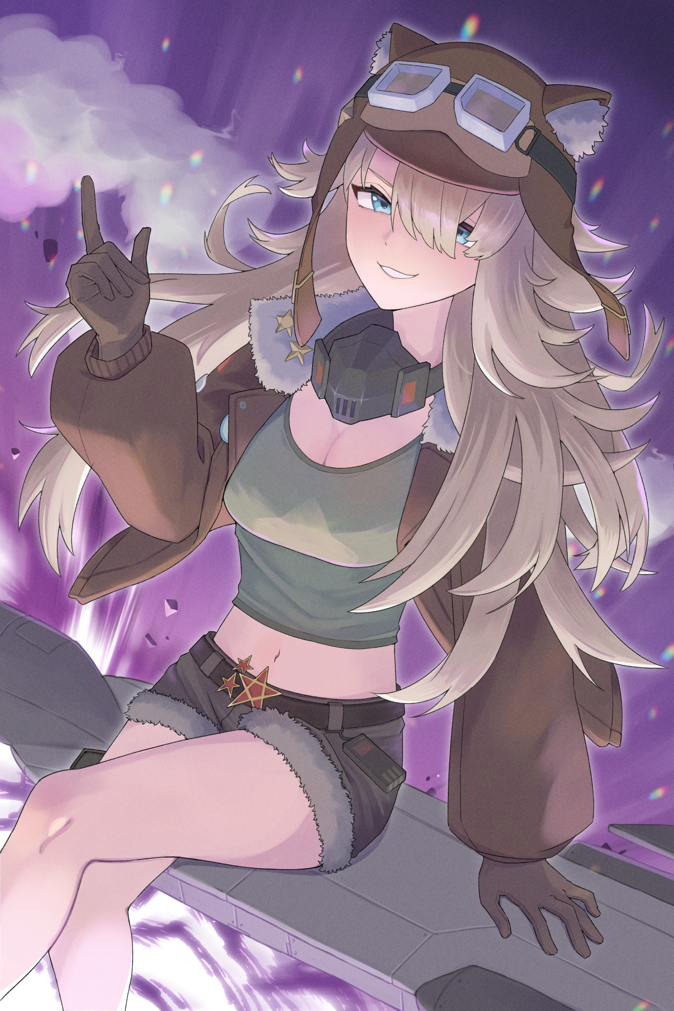 1girl animal_ear_headwear aviator_cap blonde_hair blue_eyes breasts broom broom_riding brown_gloves brown_hat brown_jacket brown_shorts cleavage crossed_legs explosion fake_animal_ears feet_out_of_frame fur-trimmed_jacket fur_trim gloves goggles goggles_on_headwear green_shirt grin hair_between_eyes hand_up hat highres jacket lilya_(reverse:1999) long_hair long_sleeves looking_at_viewer mask mask_around_neck mechanical_broom midriff navel oxygen_mask purple_background reverse:1999 shinna_(user_zfuz4288) shirt shorts sidesaddle sitting smile solo