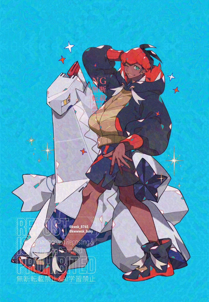 1boy adversarial_noise black_jacket black_shorts blue_background blue_eyes dark-skinned_male dark_skin duraludon gen_8_pokemon highres hood hooded_jacket jacket kawasaki_(kwsk_8765) nintendo one_eye_closed pokemon pokemon_swsh raihan_(pokemon) shorts simple_background watermark