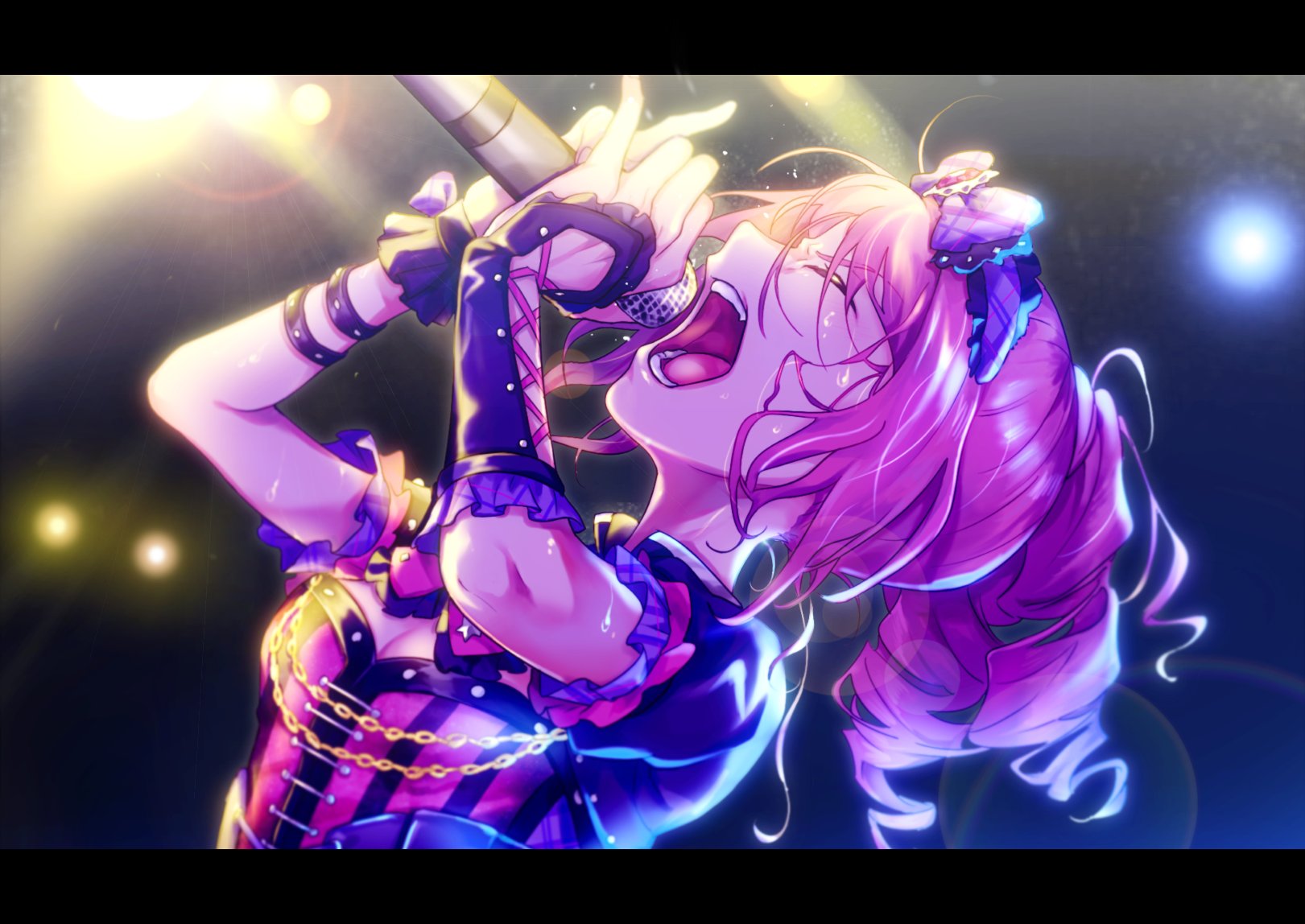 1girl aikatsu!_(series) aikatsu_stars! backlighting bad_id bad_twitter_id breasts cleavage closed_eyes drill_hair hands_up highres holding holding_microphone idol idol_clothes letterboxed long_hair messy_hair microphone music open_mouth pink_hair puffy_short_sleeves puffy_sleeves sakuraba_rola shiontaso short_sleeves singing solo stage_lights sweat upper_body