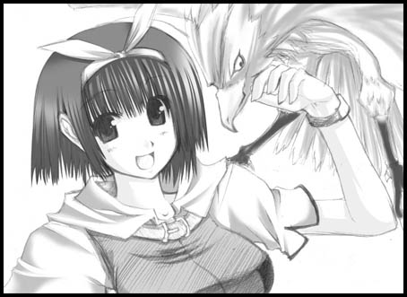 1girl animal_on_arm bad_source bird bird_on_arm bow breasts commentary_request greyscale hair_bow hawk hunter_(ragnarok_online) jacket looking_at_viewer lowres medium_breasts monochrome oohira_sunset open_mouth ragnarok_online shirt short_hair simple_background sketch smile solo upper_body