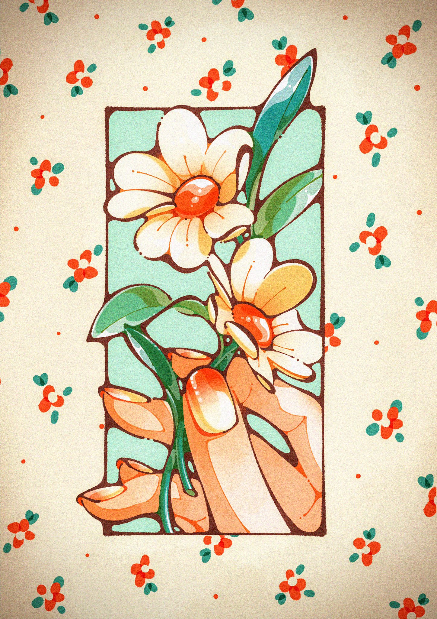 fingernails floral_background floral_print flower flower_focus highres holding holding_flower leaf nail_polish original trym_hinano white_flower