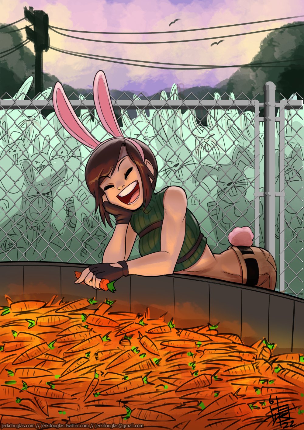 1girl :d angry animal_ear_hairband animal_ears artist_name bare_shoulders belt bent_over bird black_belt breasts brown_gloves brown_hair brown_shorts carrot chain-link_fence chest_harness closed_eyes commentary cropped_sweater crowd dated dusk elbow_rest email_address english_commentary fake_animal_ears fake_tail fence final_fantasy final_fantasy_vii final_fantasy_vii_remake fingerless_gloves foliage food gloves green_sweater hairband happy harness head_rest highres holding holding_carrot jerk_douglas leaning_forward medium_breasts midriff open_mouth personification pile power_lines purple_sky rabbit rabbit_ear_hairband rabbit_ears rabbit_girl rabbit_tail ribbed_sweater round_teeth short_hair shorts signature sky sleeveless sleeveless_sweater sleeveless_turtleneck smile solo_focus sweater swept_bangs tail teeth toned toned_female too_many too_many_rabbits tree turtleneck turtleneck_sweater utility_pole vat vegetable watermark web_address yuffie_kisaragi