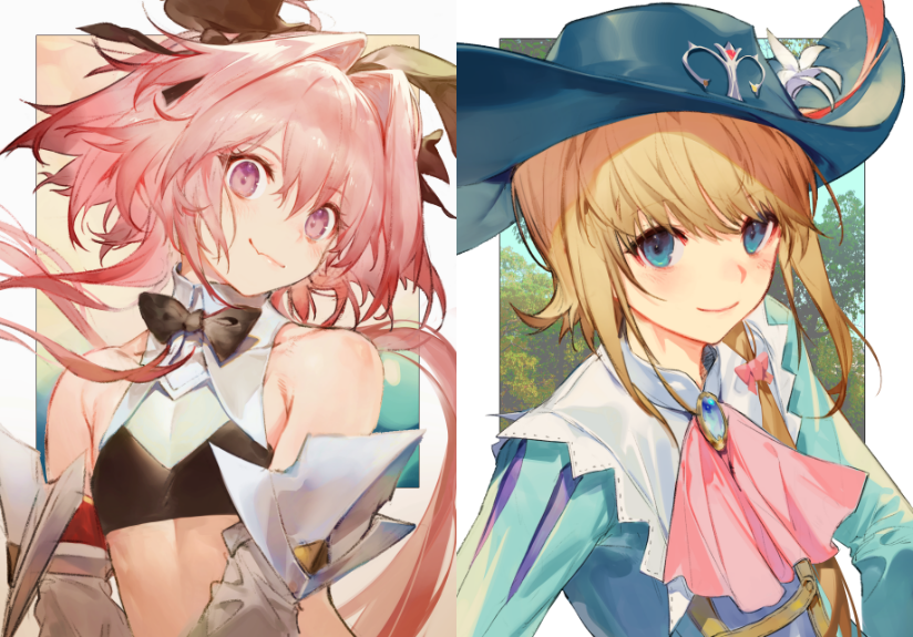 1boy 1other animal_ears ascot astolfo_(fate) astolfo_(saber)_(fate) bare_shoulders black_bow black_bowtie black_shirt blonde_hair blue_brooch blue_eyes blue_hat blue_shirt blue_sky border bow bowtie chevalier_d&#039;eon_(fate) closed_mouth collar comiket_97 crop_top detached_collar detached_sleeves eyelashes fake_animal_ears fang fang_out fate/grand_order fate_(series) flower hair_between_eyes hair_bow hair_over_shoulder hat hat_feather hat_flower kodama_(wa-ka-me) lily_(flower) long_hair long_sleeves low_ponytail low_twintails male_focus male_playboy_bunny multiple_boys outside_border pectorals pink_ascot pink_hair ponytail purple_eyes rabbit_ears shirt skin_fang sky sleeveless sleeveless_shirt smile stomach tight_clothes traditional_bowtie trap tree twintails two-tone_shirt upper_body very_long_hair white_border white_collar white_flower white_shirt white_sleeves
