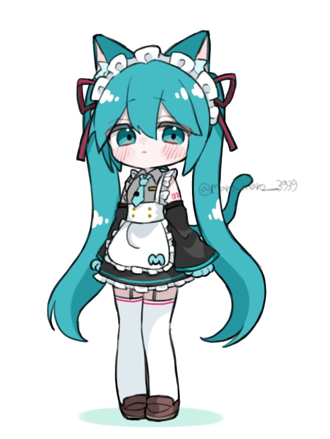 1girl animal_ear_fluff animal_ears animal_hands apron black_skirt black_sleeves blue_eyes blue_gloves blue_hair blush brown_shoes cat_ears cat_girl cat_tail chibi closed_mouth collared_shirt colored_shadow commentary_request detached_sleeves frilled_apron frilled_skirt frills full_body garter_straps gloves grey_shirt hatsune_miku kemonomimi_mode loafers long_hair long_sleeves looking_at_viewer maid maid_headdress maro_maro_3939 paw_gloves shadow shirt shoes simple_background skirt sleeveless sleeveless_shirt sleeves_past_wrists solo standing tail thighhighs twintails twitter_username very_long_hair vocaloid white_apron white_background white_thighhighs wide_sleeves