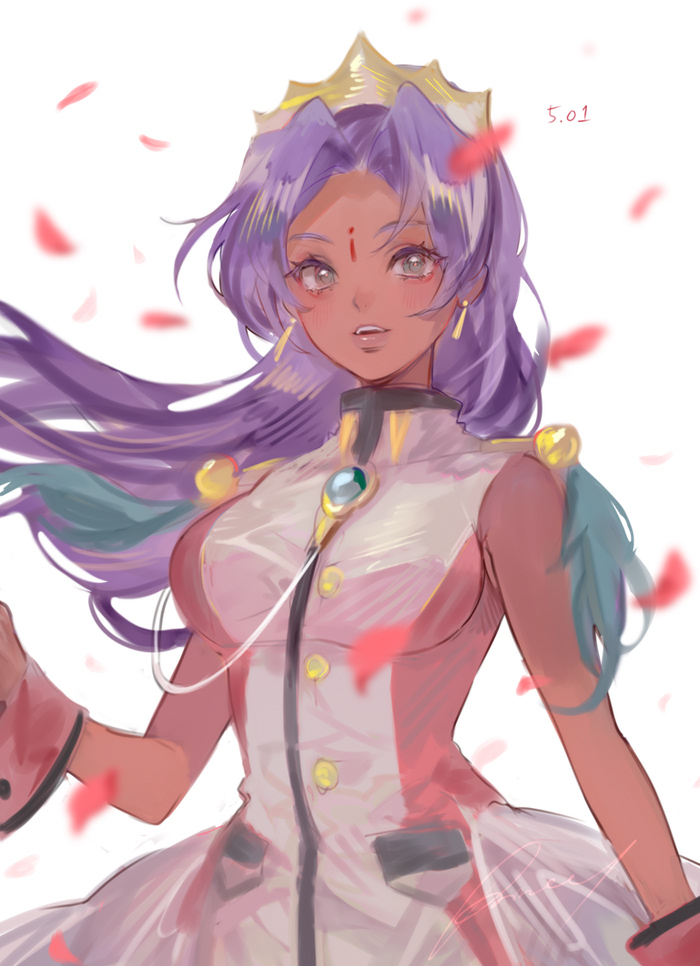 1girl aiguillette aubz breasts crown dark-skinned_female dark_skin dress facial_mark falling_petals forehead_mark green_eyes high_collar himemiya_anthy long_hair looking_at_viewer medium_breasts parted_bangs parted_lips petals purple_hair shoujo_kakumei_utena signature sleeveless sleeveless_dress solo white_background wind