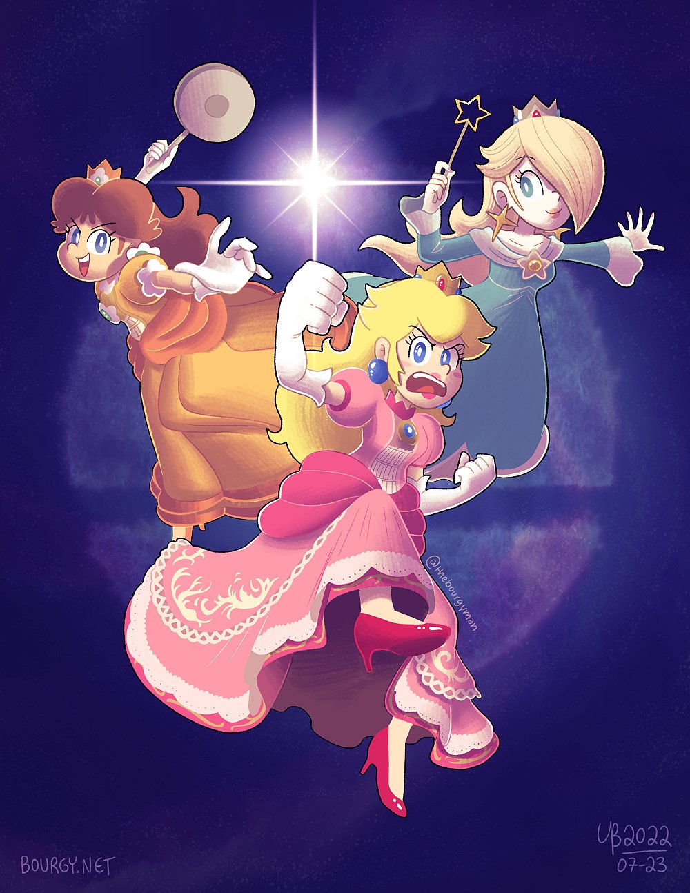3girls angry blonde_hair blue_dress blue_eyes brown_hair crown dress earrings full_body gloves high_heels highres jewelry jumping light long_hair mario_(series) multiple_girls nintendo orange_dress pants pink_dress princess_daisy princess_peach rosalina short_hair smile super_mario_bros._1 super_mario_galaxy super_mario_land super_smash_bros. super_smash_bros._logo thebourgyman twitter_username white_gloves