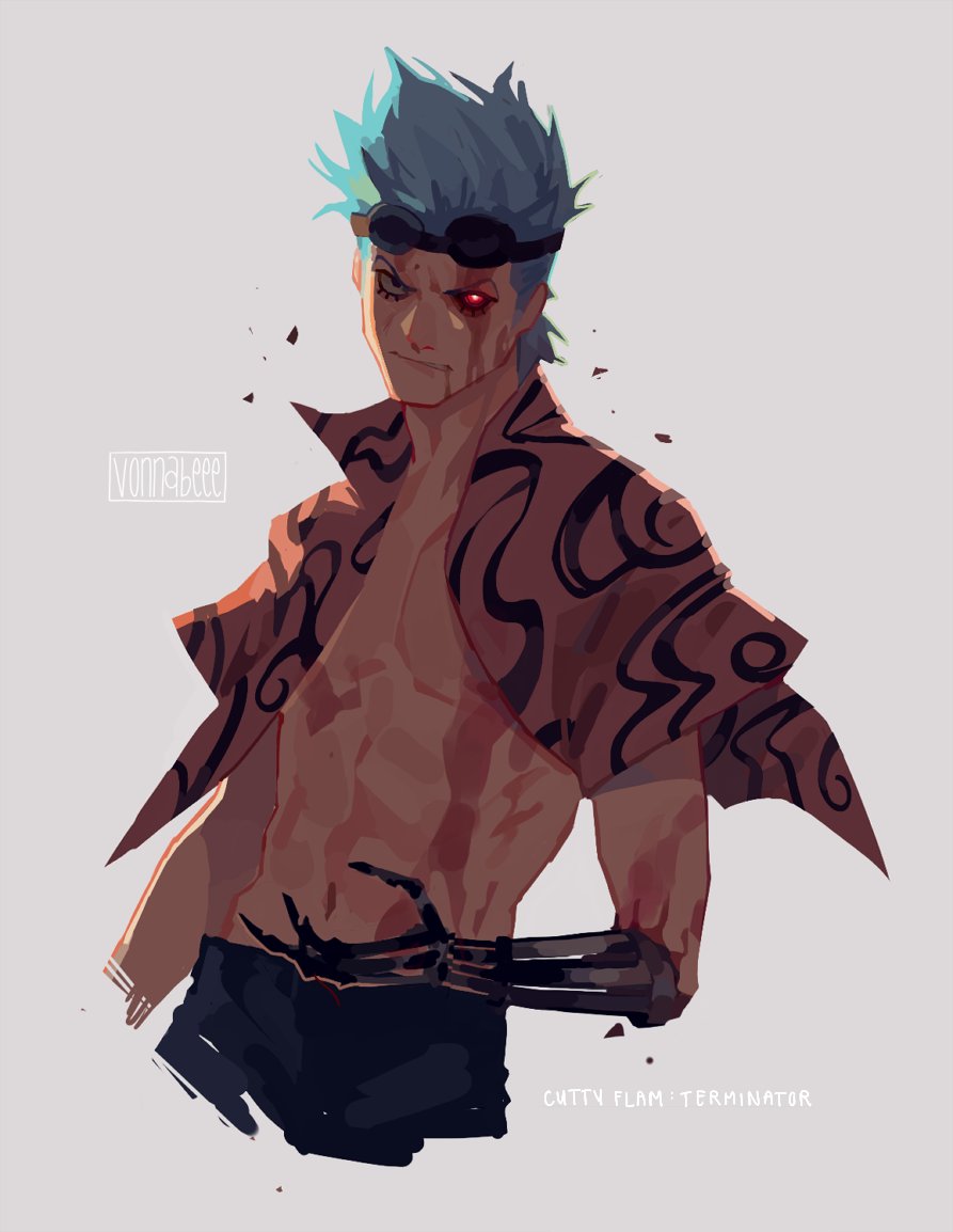 1boy abs bare_pectorals black_pants blood blood_on_face blue_hair clenched_teeth collared_shirt commentary cropped_legs cyborg debris english_commentary franky_(one_piece) glowing glowing_eye goggles goggles_on_head lower_eyelashes_only male_focus navel one_piece open_clothes open_shirt pants patterned_clothing pectorals popped_collar prosthesis prosthetic_arm shirt short_hair sideburns solo teeth terminator_(series) vonnabeee
