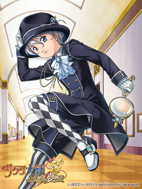 1girl amulet ascot asymmetrical_legwear black_bow black_coat black_pants black_sleeves black_wrist_cuffs blue_pendant bow buttoned_cuffs buttons ceiling ceiling_light checkered_floor closed_mouth coat collar collared_coat collared_shirt commentary copyright_name copyright_notice crown_ornament detective diamond_(shape) diamond_pattern diamond_print double-breasted english_text fedora frilled_wrist_cuffs frills game_cg gloves gold_buttons grey_hair hair_between_eyes hand_on_headwear hat hat_bow indoors lace-trimmed_collar lace_trim logo long_sleeves looking_at_viewer mandarin_collar museum nagara official_art pants pantyhose picture_frame reni_milchstrasse sakura_taisen sakura_taisen_ii sega shirt shoe_buckle shoe_pendant short_hair smile striped_bow striped_clothes striped_thighhighs thighhighs vertical-striped_clothes vertical-striped_thighhighs white_ascot white_bow white_collar white_footwear white_shirt wrist_cuffs