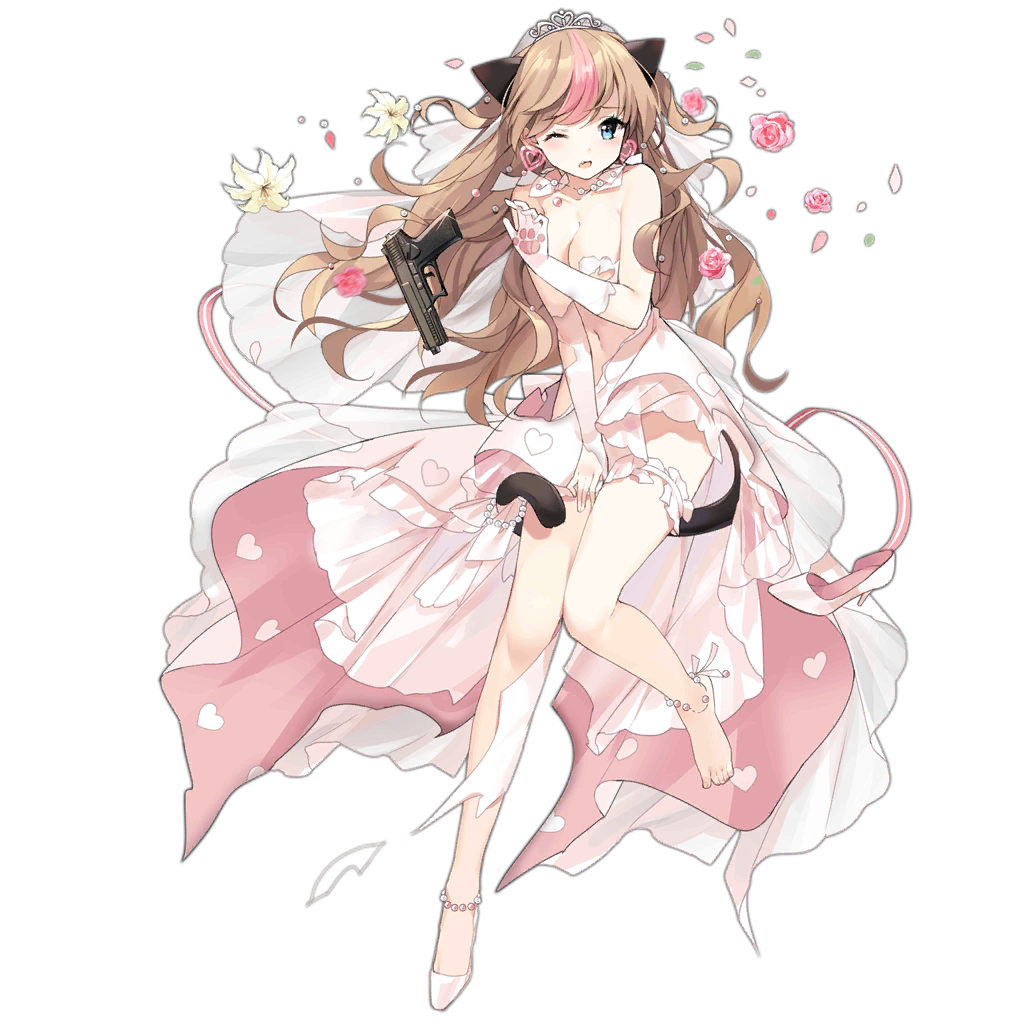 1girl anklet blue_eyes blush bouquet breasts bridal_veil brown_hair character_name cleavage covering_crotch covering_privates damaged dress earrings fang female_focus flower frilled_thigh_strap full_body gem girls&#039;_frontline gloves gun h&amp;k_mark_23 hair_ornament hand_up handgun heart heart_earrings heckler_&amp;_koch high_heels jewelry layered_dress leg_up long_hair looking_at_viewer match_grade match_grade_firearm match_grade_pistol medium_breasts mk23_(conveyed_feelings)_(girls&#039;_frontline) mk23_(girls&#039;_frontline) multicolored_hair navel offensive_handgun official_alternate_costume official_art one_eye_closed open_mouth paw_print pearl_(gemstone) pink_dress pink_flower pink_ribbon pink_rose ribbon rose sheska_xue shoes single_shoe solo strapless strapless_dress streaked_hair thigh_strap tiara torn_clothes transparent_background veil weapon wedding_dress white_dress white_gloves white_shoes
