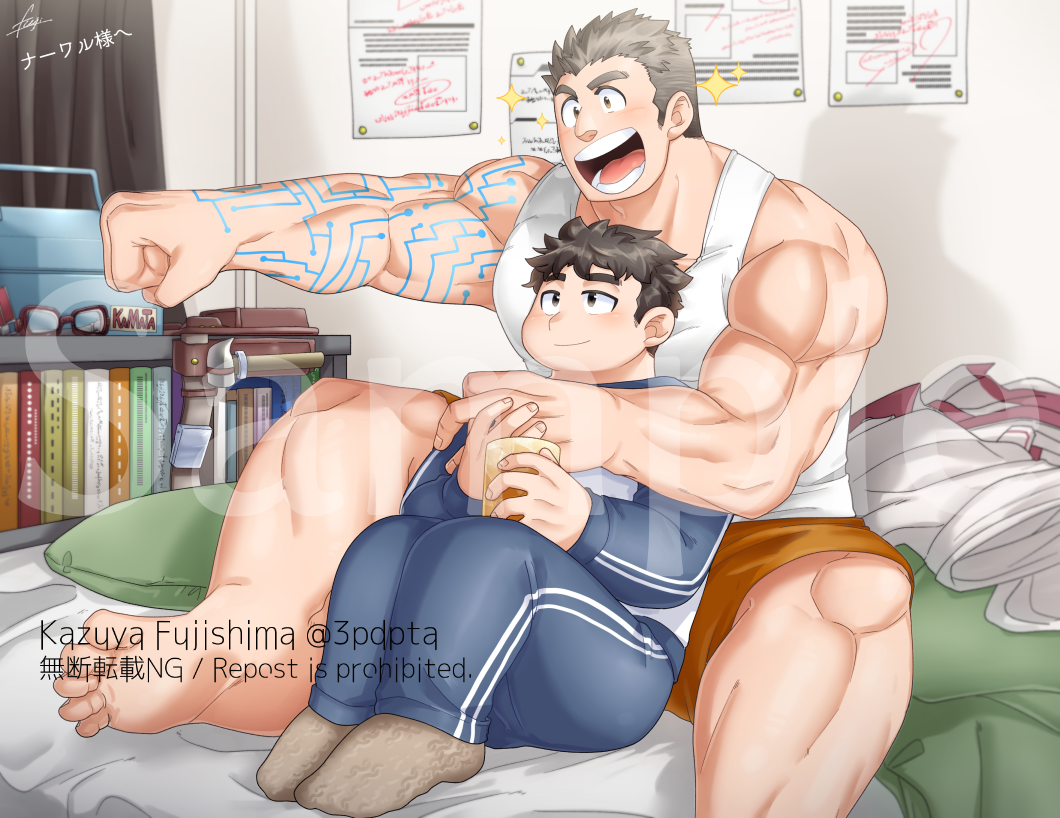 2boys bara blue_pants blush book brown_eyes brown_hair clenched_hand closed_mouth commentary_request commission couple drink fujishima_kazuya full_body goggles hand_on_another&#039;s_hand holding holding_drink hug hug_from_behind indoors kajiya_kurogane long_sideburns looking_at_another male_focus multiple_boys muscular muscular_male on_bed open_mouth orange_pants outstretched_arm pants pectorals protagonist_5_(housamo) sample_watermark short_hair sideburns signature sitting size_difference skeb_commission smile socks sparkle thick_eyebrows tokyo_houkago_summoners watermark yaoi