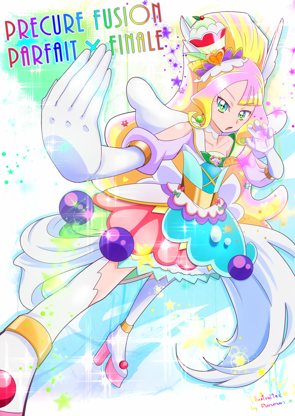 blonde_hair blue_eyes boots cure_finale cure_parfait delicious_party_precure dress elbow_gloves fusion gloves gradient_eyes green_eyes highres kasai_amane kirahoshi_ciel kirakira_precure_a_la_mode multicolored_eyes multicolored_hair pegasus_wings pink_hair ponytail precure pururun_z white_boots