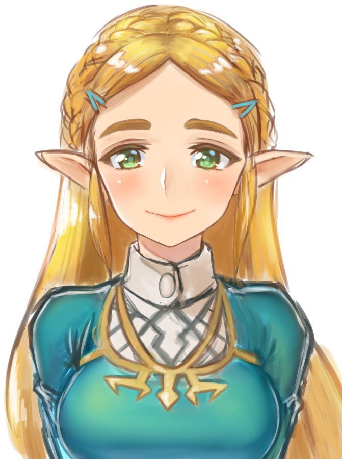 1girl blonde_hair breasts closed_mouth green_eyes hair_ornament hairclip long_hair looking_at_viewer nintendo nyantiu pointy_ears princess_zelda simple_background smile solo the_legend_of_zelda the_legend_of_zelda:_breath_of_the_wild white_background