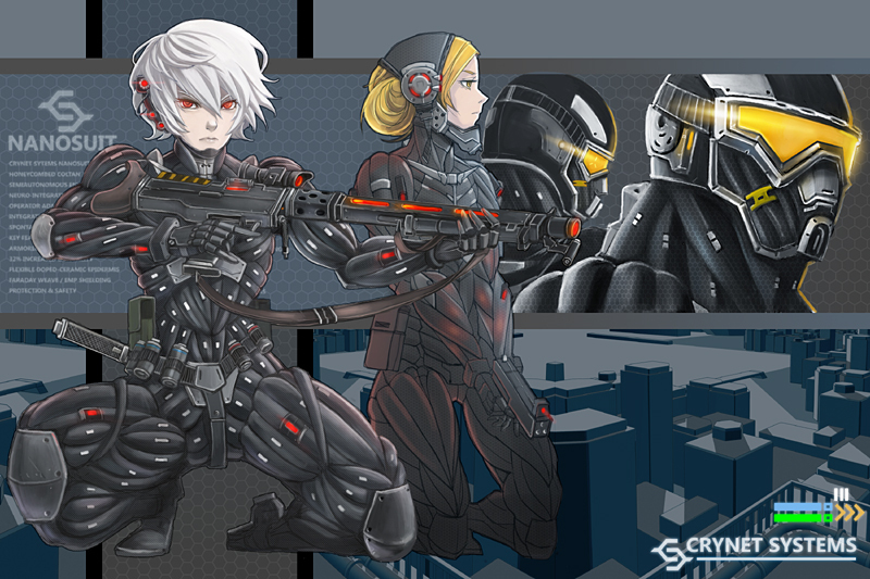 blonde_hair crysis gears glowing gun looking_at_viewer power_suit red_eyes rifle science_fiction serious visor weapon white_hair yana_yana yellow_eyes