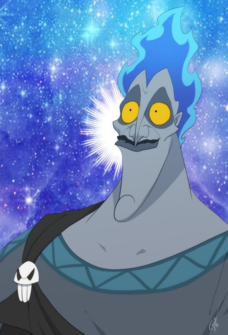 1boy ancient_greek_clothes blue_hair colored_skin commentary_request fiery_hair fire greco-roman_clothes hades_(disney) hercules_(1997_movie) long_hair looking_at_viewer male_focus okoge1138 sharp_teeth simple_background smile teeth toon_(style) upper_body yellow_eyes