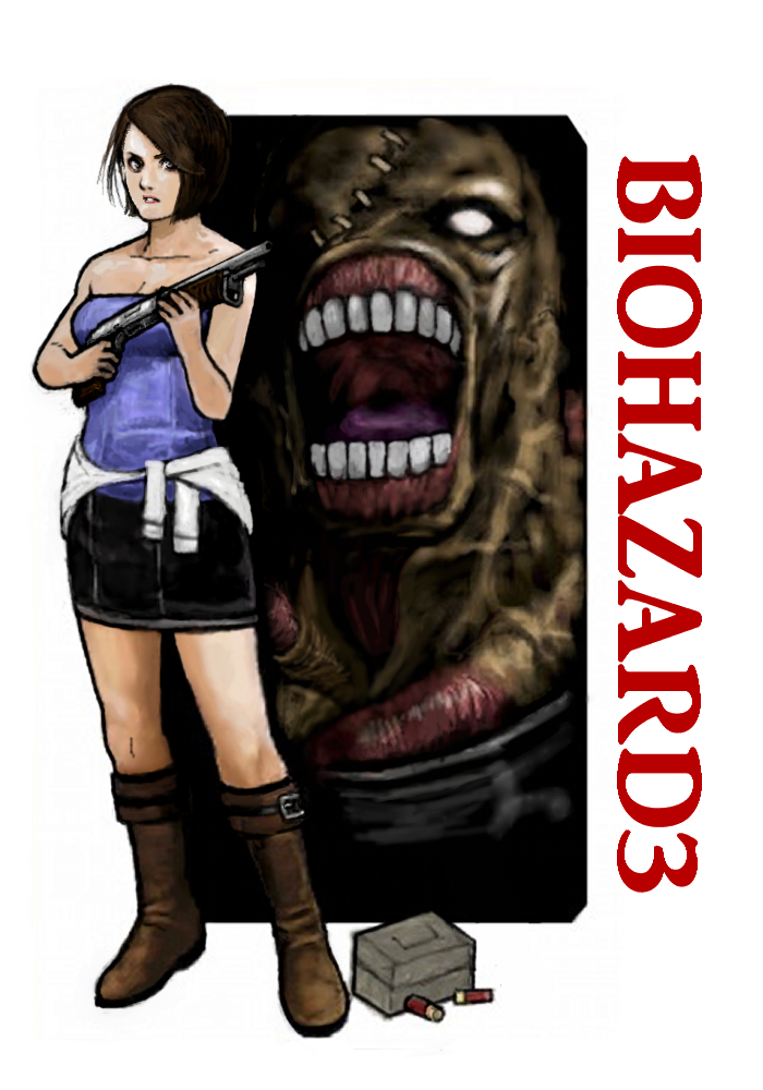 1boy 1girl ammunition_box black_skirt blue_tube_top boots brown_boots brown_hair clothes_around_waist copyright_name finger_on_trigger gun holding holding_gun holding_weapon ironu_love25 jill_valentine nemesis_(resident_evil) resident_evil resident_evil_3:_nemesis short_hair shotgun skirt stitched_face stitches strapless sweater sweater_around_waist tube_top weapon