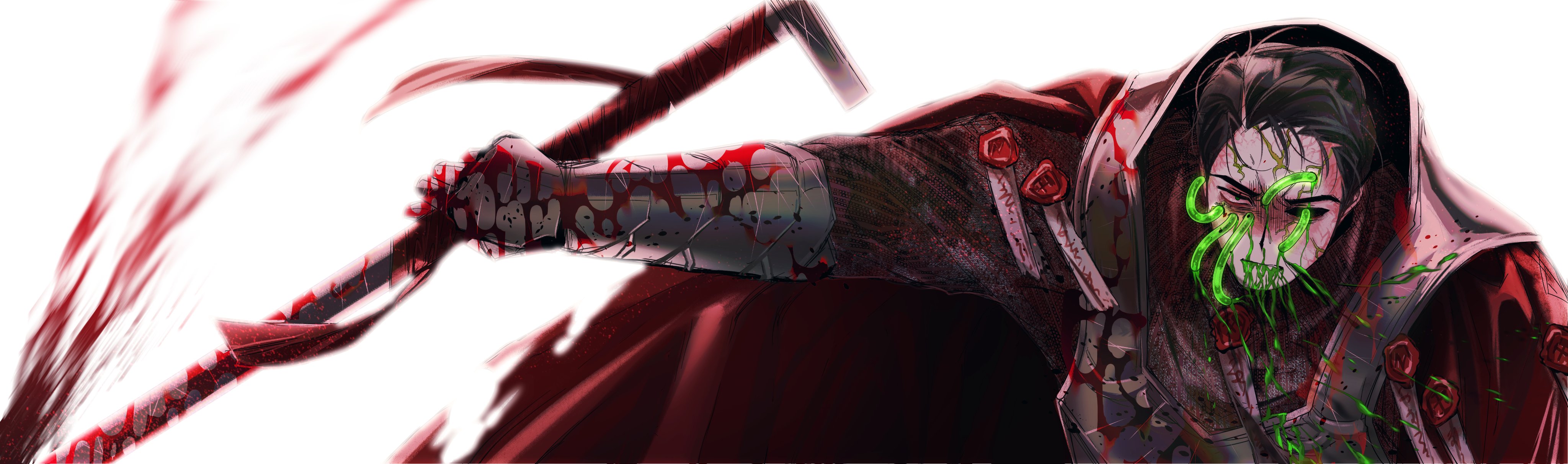 1boy absurdres armor black_eyes black_hair blood blood_on_armor blood_on_clothes breastplate cape highres holding holding_nail hollow_eyes limbus_company liquid_from_mouth looking_at_viewer male_focus meursault_(project_moon) nail nail_(hardware) nyak_138 open_mouth project_moon red_cape simple_background solo upper_body white_background