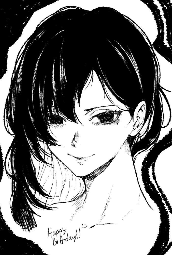 1girl binah_(project_moon) closed_mouth colored_inner_hair empty_eyes greyscale half-closed_eyes library_of_ruina long_hair looking_at_viewer mole mole_under_eye monochrome multicolored_hair nb8c portrait project_moon smile solo
