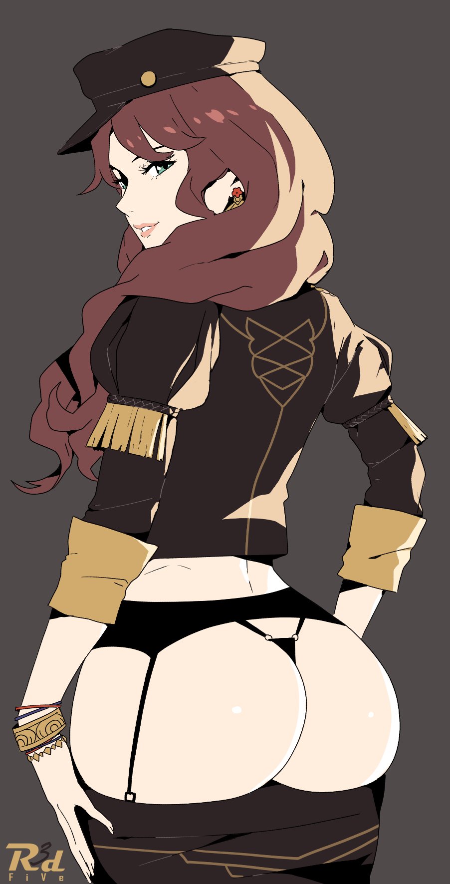 1girl armband artist_name ass black_panties brown_hair dorothea_arnault earrings fire_emblem fire_emblem:_three_houses green_eyes hat highres jewelry light lips long_hair looking_at_viewer nintendo panties r3dfive simple_background smile solo underwear undressing