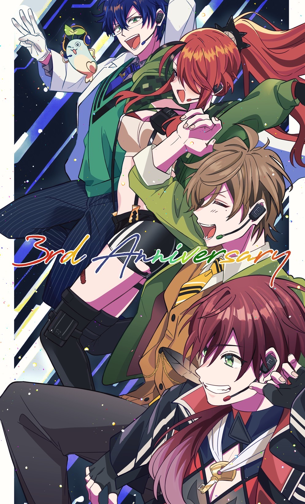 1girl 3boys ahoge anniversary aqua_eyes aqua_sweater_vest bandaid bandaid_on_leg black_boots black_gloves black_shorts blue_hair blue_pants boots brown_hair brown_sweater clothing_cutout coat crop_top earpiece eden-gumi feathers fingerless_gloves gloves green_eyes green_jacket grey_pants hair_over_one_eye hair_over_shoulder highres jacket jewelry kakaramama key key_necklace lab_coat lain_paterson lain_paterson_(1st_costume) lauren_iroas lauren_iroas_(1st_costume) leos_vincent leos_vincent_(1st_costume) low_ponytail mameneko_(leos_vincent) mole mole_under_eye multiple_boys necklace necktie nijisanji oliver_evans oliver_evans_(1st_costume) one_eye_closed open_clothes open_coat open_jacket open_mouth outstretched_arm pants pinstripe_pants pinstripe_pattern ponytail pouch red_hair short_hair shorts smile sweater teeth thigh_pouch thigh_strap virtual_youtuber w white_coat white_gloves yellow_necktie