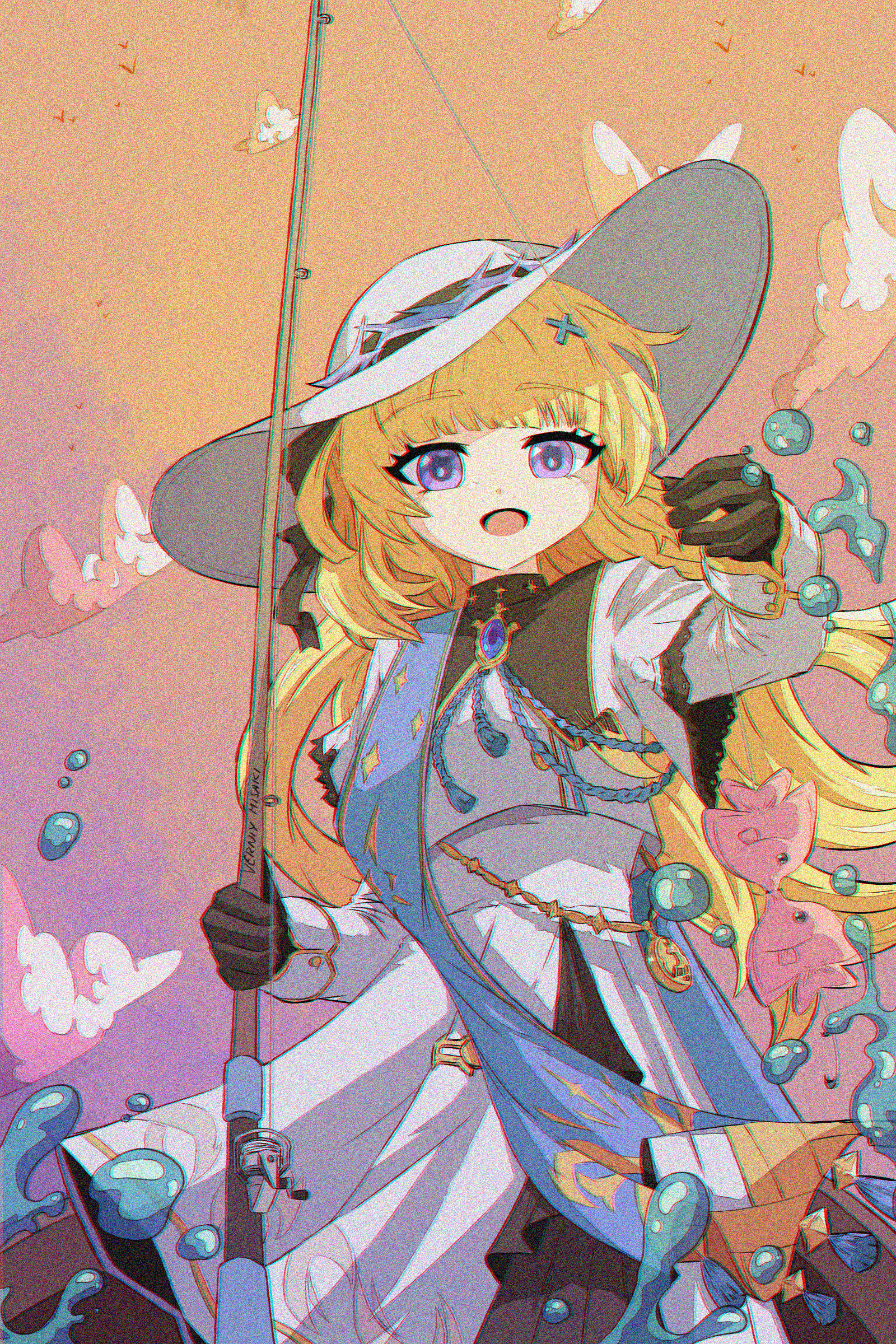 1girl absurdres black_gloves blonde_hair blue_sash brooch commentary english_commentary fish fishing_rod gloves hat highres holding holding_fishing_rod jewelry long_hair long_sleeves open_mouth phoebe_(wuthering_waves) purple_eyes sash shirt skirt solo verniy_misaki white_hat white_shirt white_skirt wuthering_waves