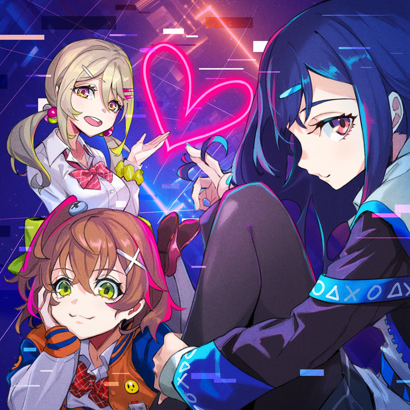 3girls :d blonde_hair blue_hair blue_nails bow bowtie closed_mouth denonbu fingernails green_eyes hair_bobbles hair_ornament hairclip heart hidaka_reina_(denonbu) hugging_own_legs kayano_futaba long_sleeves looking_at_viewer low_twintails lying multiple_girls nail_polish on_stomach open_mouth pantyhose pink_bow pink_bowtie pokimari red_footwear school_uniform scrunchie shinonome_kazune shoes smile the_pose twintails white_pantyhose wrist_scrunchie x_hair_ornament
