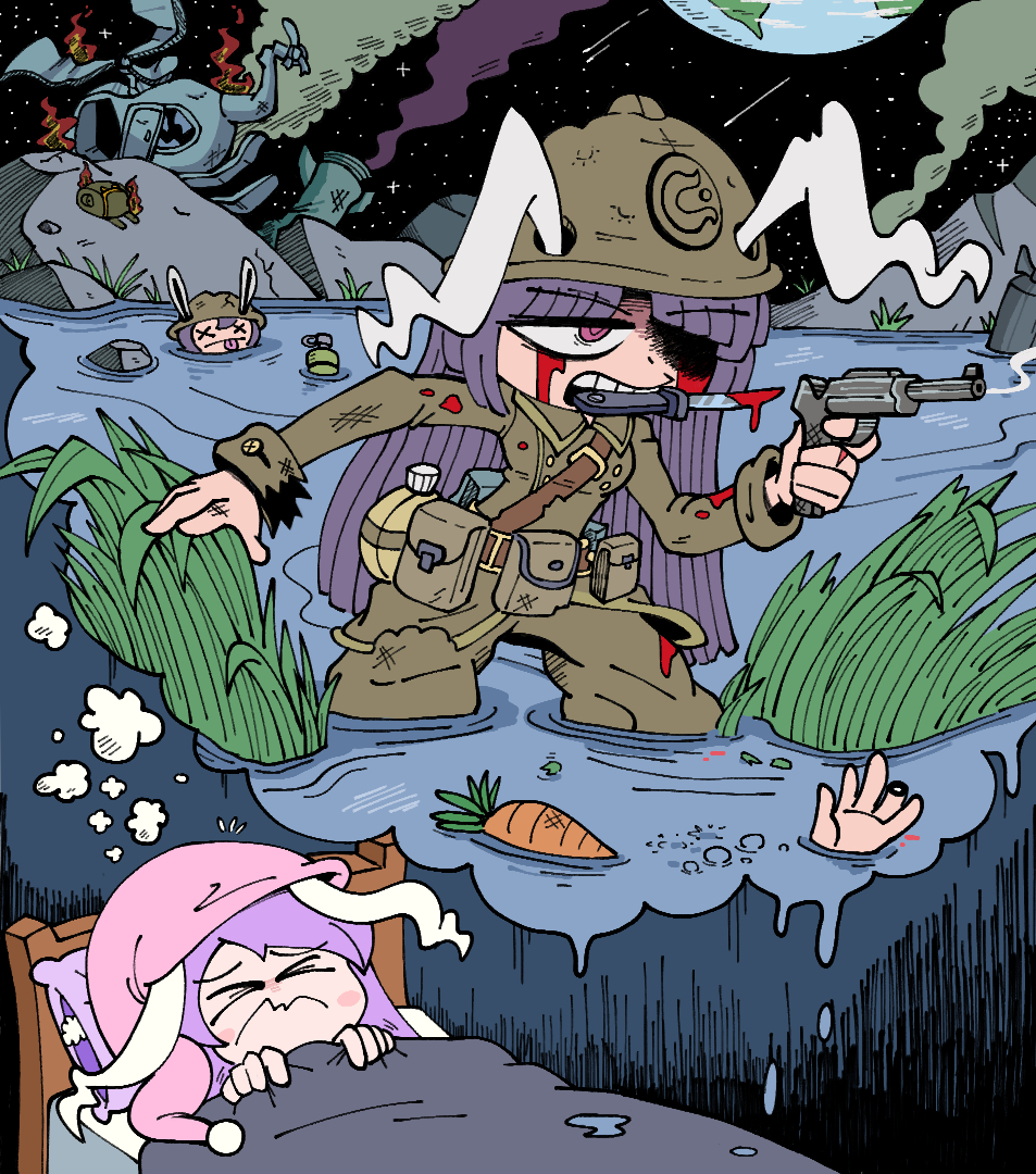 &gt;_&lt; 1girl aircraft animal_ears battle bed belt blanket_grab blood blood_drip bloody_tears bomb brown_belt brown_coat brown_pants carrot closed_eyes closed_mouth coat corpse cowboy_shot crash_landing ears_through_headwear earth_(planet) explosive fire flashback frown grenade gun handgun hat helicopter helmet holding holding_gun holding_weapon kevin_arthur knife_in_mouth long_hair missile moon moon_rabbit_extra_(touhou) nightcap nightmare open_mouth pants pillow pink_eyes pink_headwear planet pouch purple_hair rabbit_ears rabbit_girl reeds reisen_udongein_inaba scratches sky smoke star_(sky) starry_sky torn_clothes torn_coat touhou very_long_hair wading war water weapon x_x
