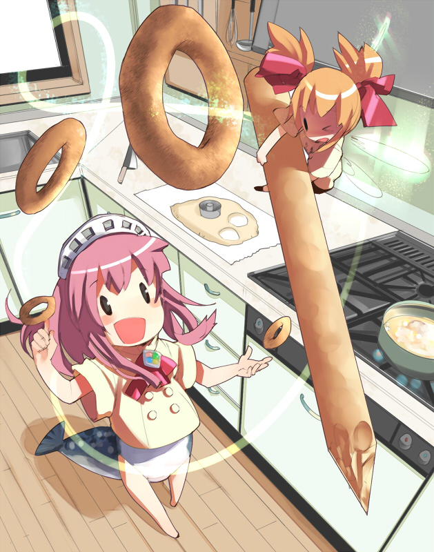 2003_server 2girls bad_id bad_pixiv_id ce-tan cooking donut fairy fish food harepore juggling kitchen mini_person minigirl multiple_girls no_pants os-tan what