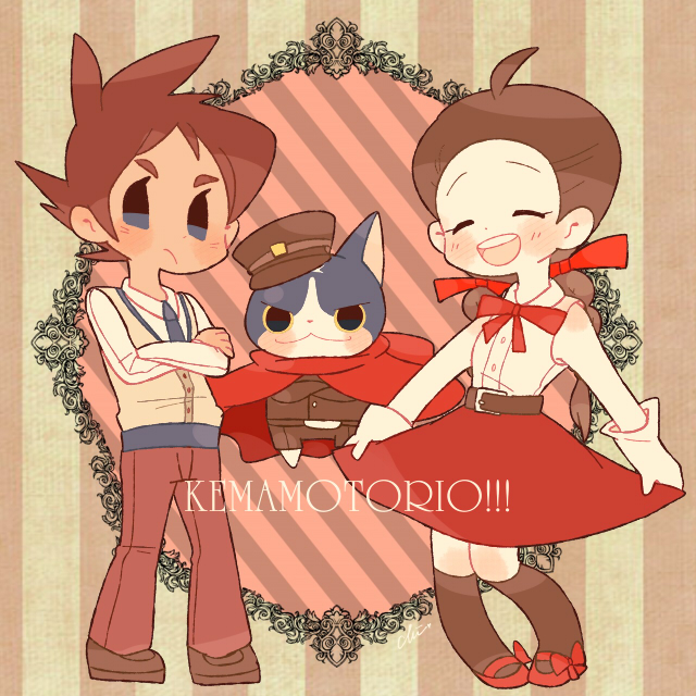 10s 1boy 1girl ahoge amano_yukiko_(youkai_watch) artist_name black_legwear blush braid brown_hair cat chibi chiyoko_(oman1229) crossed_arms closed_eyes frown fuyunyan hat keizou long_hair necktie peaked_cap red_cape short_hair skirt twin_braids traditional_youkai youkai_watch youkai_watch_2