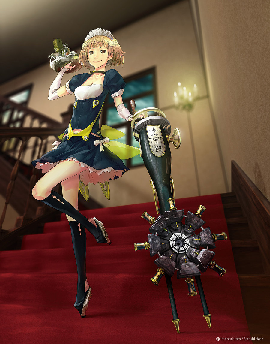 10s 1girl beatless blonde_hair bow breasts bridal_gauntlets brown_eyes cleavage female_focus light_smile maid maid_headdress mariage redjuice satoshi_hase short_hair short_sleeves skirt solo stairs tray