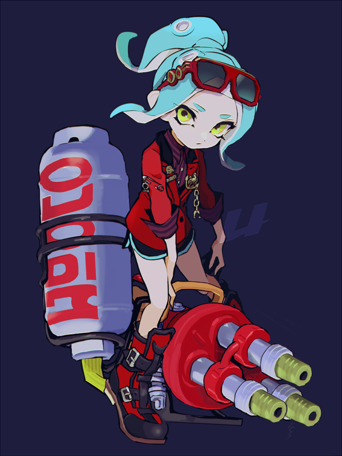 1girl :/ black_boots black_shorts blue_background blue_hair boots closed_mouth collared_shirt commentary dolphin_shorts dot_nose dress_shirt expressionless eyewear_on_head full_body holding holding_weapon hydra_splatling_(splatoon) imaikuy0 jacket looking_at_viewer nintendo octoling octoling_girl octoling_player_character parted_bangs ponytail red-framed_eyewear red_jacket red_shirt shirt short_hair shorts simple_background sleeves_rolled_up solo splatoon_(series) standing striped_clothes striped_shirt suction_cups sunglasses symbol-only_commentary tentacle_hair weapon yellow_eyes