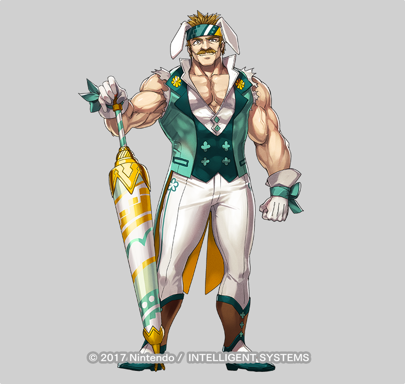 1boy animal_ears bartre_(fire_emblem) bartre_(spring)_(fire_emblem) biceps brown_eyes brown_hair commentary_request company_name covered_abs dai-xt facial_hair fake_animal_ears fire_emblem fire_emblem:_the_binding_blade fire_emblem_heroes full_body gloves grey_background headband large_pectorals looking_at_viewer male_focus mature_male muscular muscular_male mustache nintendo official_art pants pectoral_cleavage pectorals rabbit_ears sleeveless solo standing torn_clothes torn_sleeves veins veiny_arms white_gloves white_pants