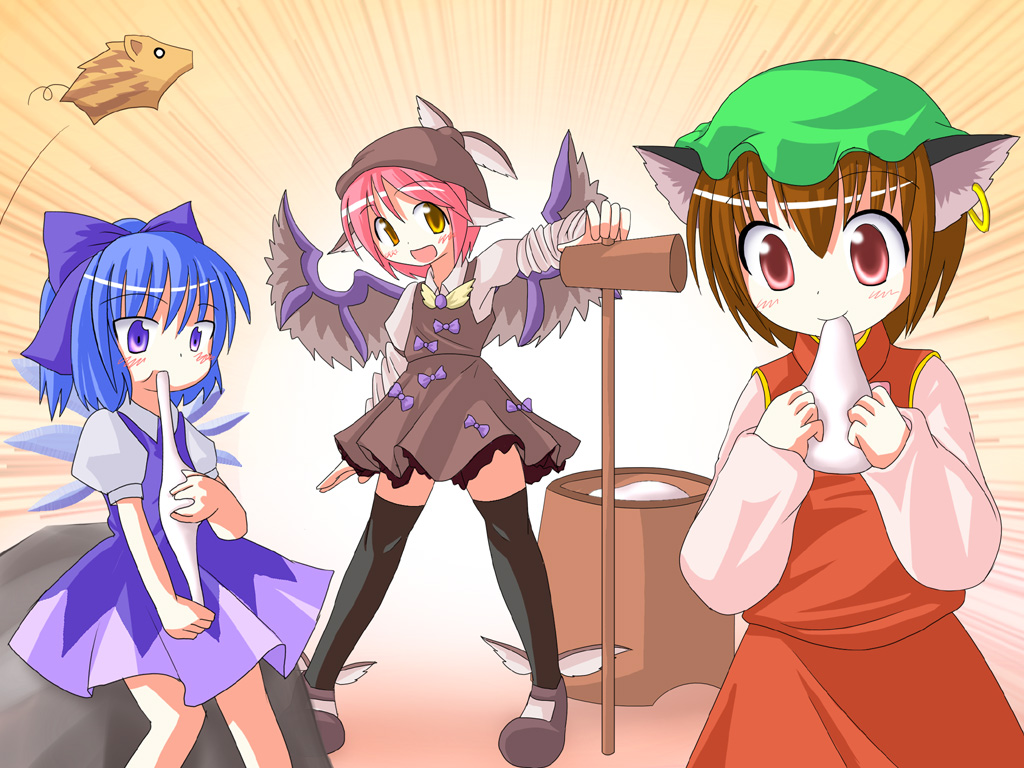 3girls animal_ears black_thighhighs blue_eyes blue_hair boar bow brown_hair cat_ears cat_girl chen cirno des_(namaasi) dress earrings female_focus food jewelry kine mallet mochi mortar_(bowl) multiple_girls mystia_lorelei pink_hair red_eyes short_hair thighhighs touhou wagashi wings yellow_eyes zettai_ryouiki