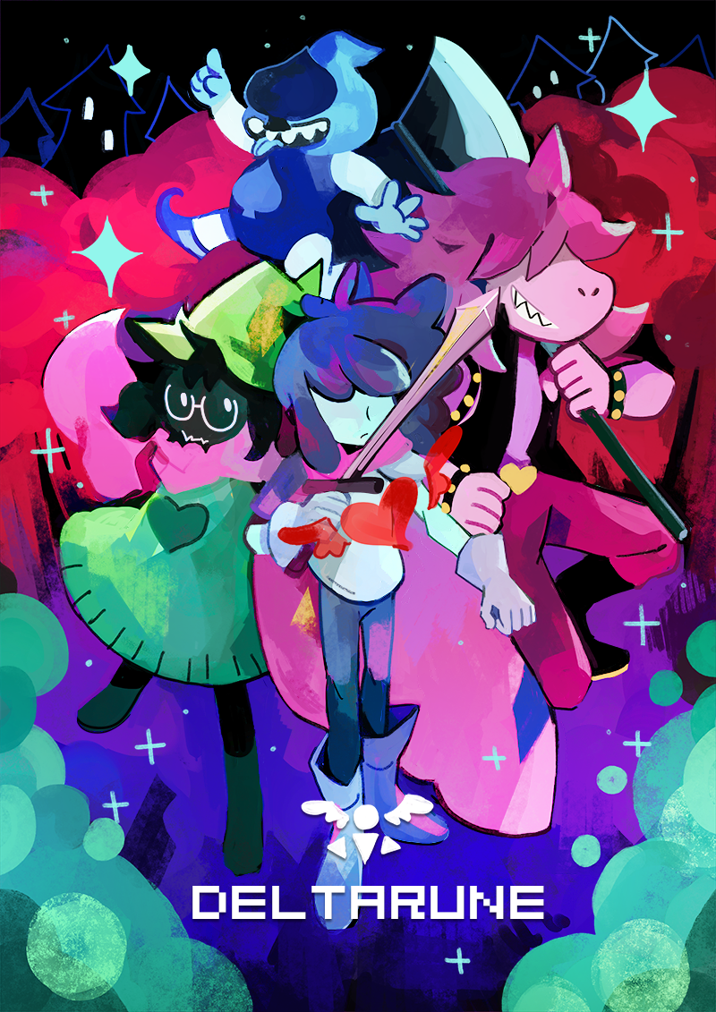 1girl 3boys black_pants blue_footwear blue_hair blue_skin bracelet closed_mouth colored_skin deltarune forengmenot full_body gloves green_headwear green_robe hair_over_eyes holding holding_sword holding_weapon jewelry kris_(deltarune) lancer_(deltarune) multiple_boys open_clothes open_vest pants pink_pants pink_scarf pink_skin ralsei robe round_eyewear scarf sharp_teeth sparkle standing susie_(deltarune) sword teeth tongue tongue_out vest weapon white_gloves