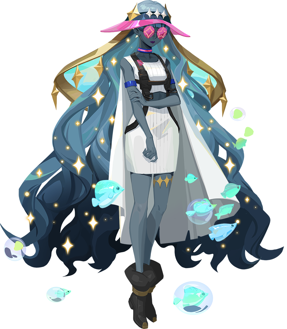 1girl absurdly_long_hair air_bubble ankle_boots artist_request black_boots blue_hair blue_skin blunt_bangs boots breasts bubble cape closed_eyes clothing_cutout colored_skin dislyte dress fish full_body gold_thighlet gradient_hair hand_on_own_arm harness long_hair multicolored_hair multiple_armlets official_art pink-tinted_eyewear purple_lips round_eyewear small_breasts solo sparkle stomach_cutout striped_choker tinted_eyewear tiye_(dislyte) very_long_hair white_cape white_dress