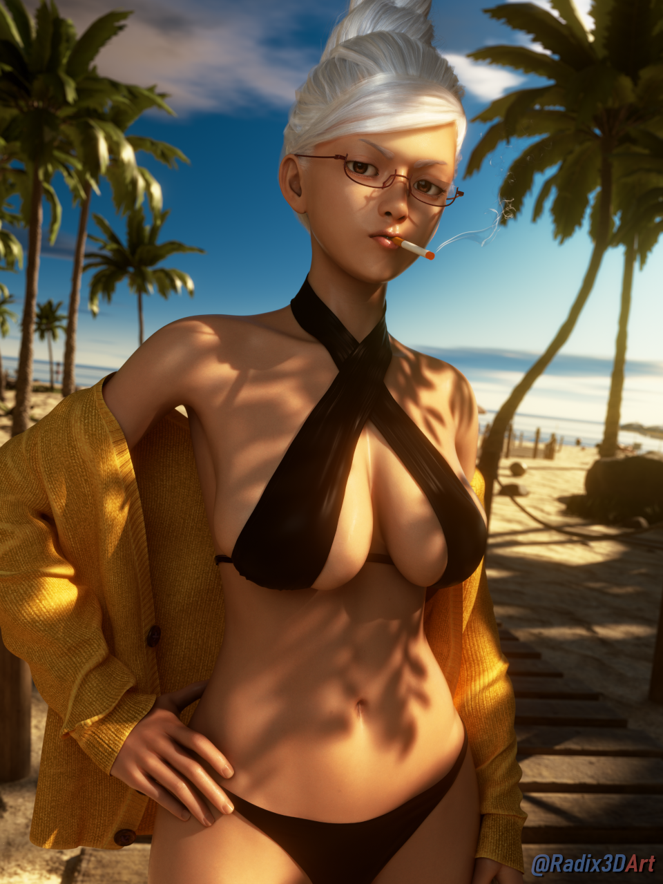 1girl 3d ayase_seiko beach bikini breasts cigarette dandadan glasses highres large_breasts mature_female radix3dart self-upload sky smoking swimsuit