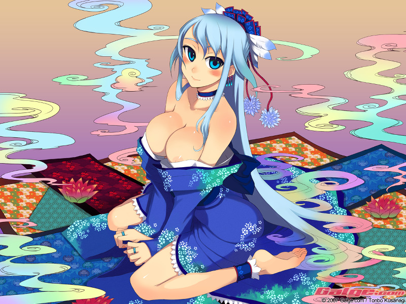 1girl 2007 asymmetrical_bangs barefoot breasts dated feet female_focus galge.com japanese_clothes kimono kusanagi_tonbo large_breasts long_hair nipple_slip nipples off_shoulder original sitting solo very_long_hair wariza watermark web_address