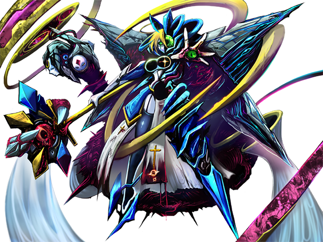 1girl cross game_cg glowing_eye green_eyes mon-musu_quest! monster_girl official_art outstretched_arm skull sonya_(mon-musu_quest!) spikes weapon xelvy