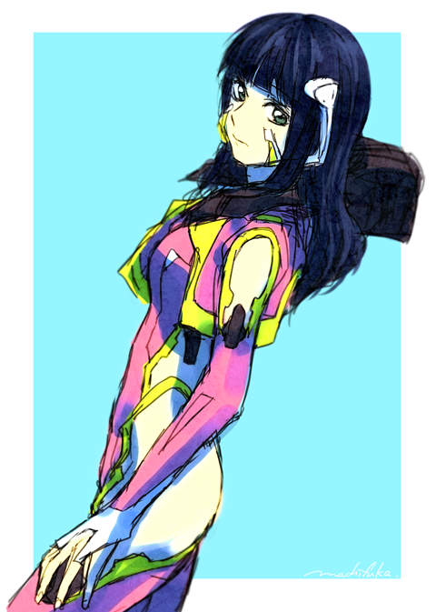 10s 1girl arm_cutout black_hair blue_background bodysuit clothing_cutout female_focus grey_eyes hazama_shouko headgear hime_cut leg_cutout long_hair machi_fuka mecha_pilot_suit pilot_suit side_cutout signature sketch solo soukyuu_no_fafner synergetic_suit