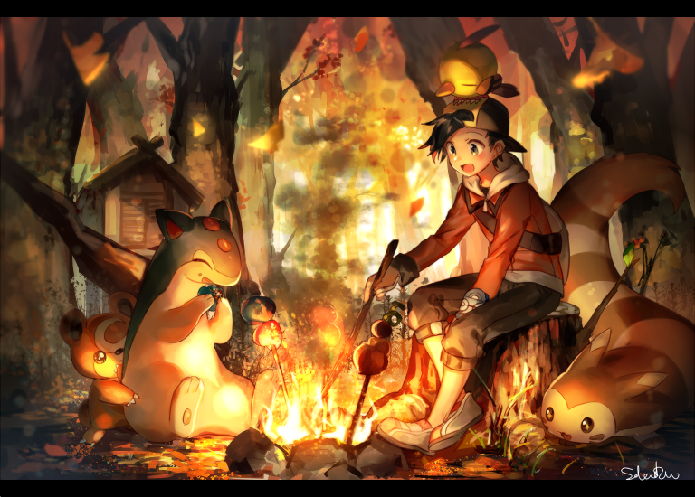 1boy :d backwards_hat baseball_cap black_hair blush campfire capri_pants commentary_request eating ethan_(pokemon) fire forest furret gen_2_pokemon hat holding holding_stick long_sleeves looking_down naru_(andante) natu nature nintendo open_mouth outdoors pants pokemon pokemon_(creature) pokemon_hgss quilava shoes sitting smile stick teddiursa tongue tree_stump